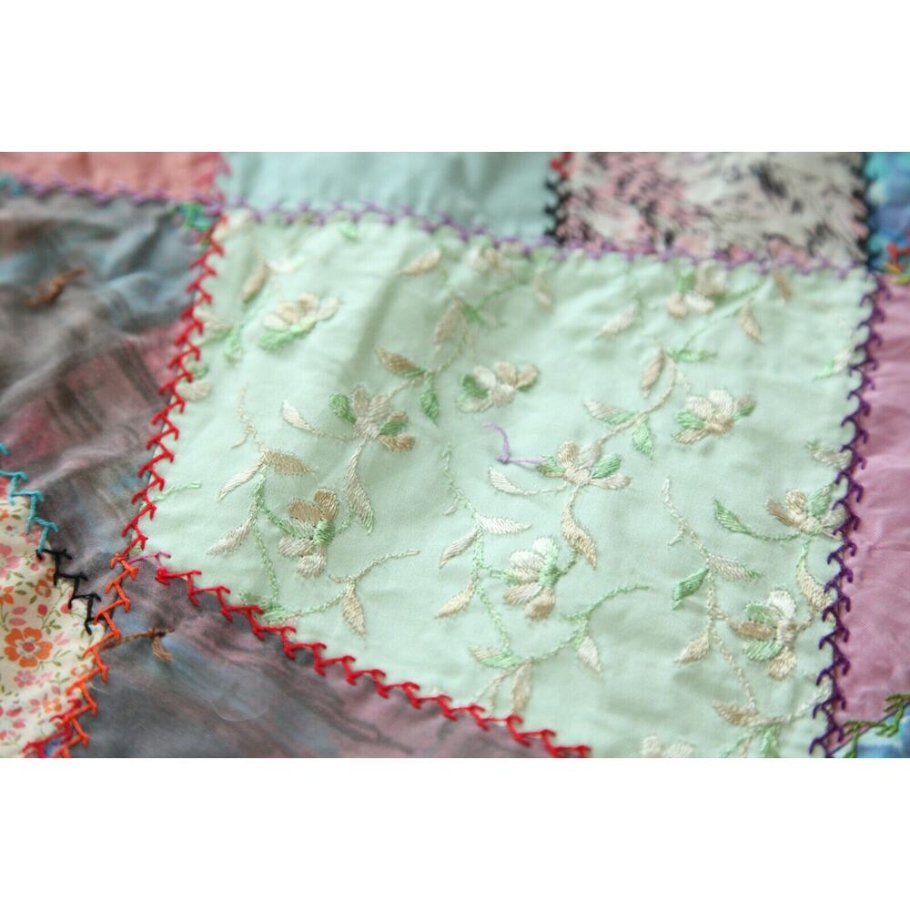 Vintage Crazy Quilt 86" x 69 Heavily Embroidered Pastel Colors Old Hand Tied - Picture 9 of 16